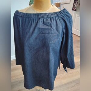 denim 24/7 Women's Plus Size 14W Off-Shoulder Denim Top Tied Bell Sleeves